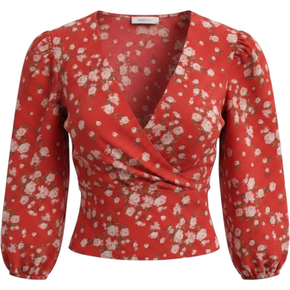 Sage The Label Blouse Womens M Red Floral Wrap V-Neck Balloon Sleeve Excellent